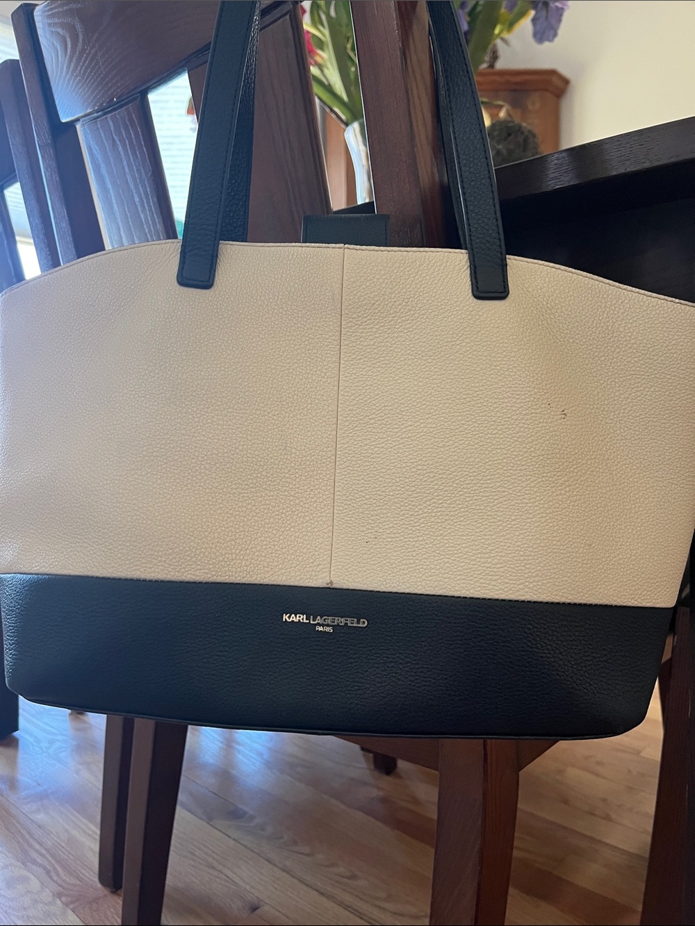 Karl Lagerfeld Black and Cream Two-Tone Pebbled Leather Tote - Picture 2 of 11